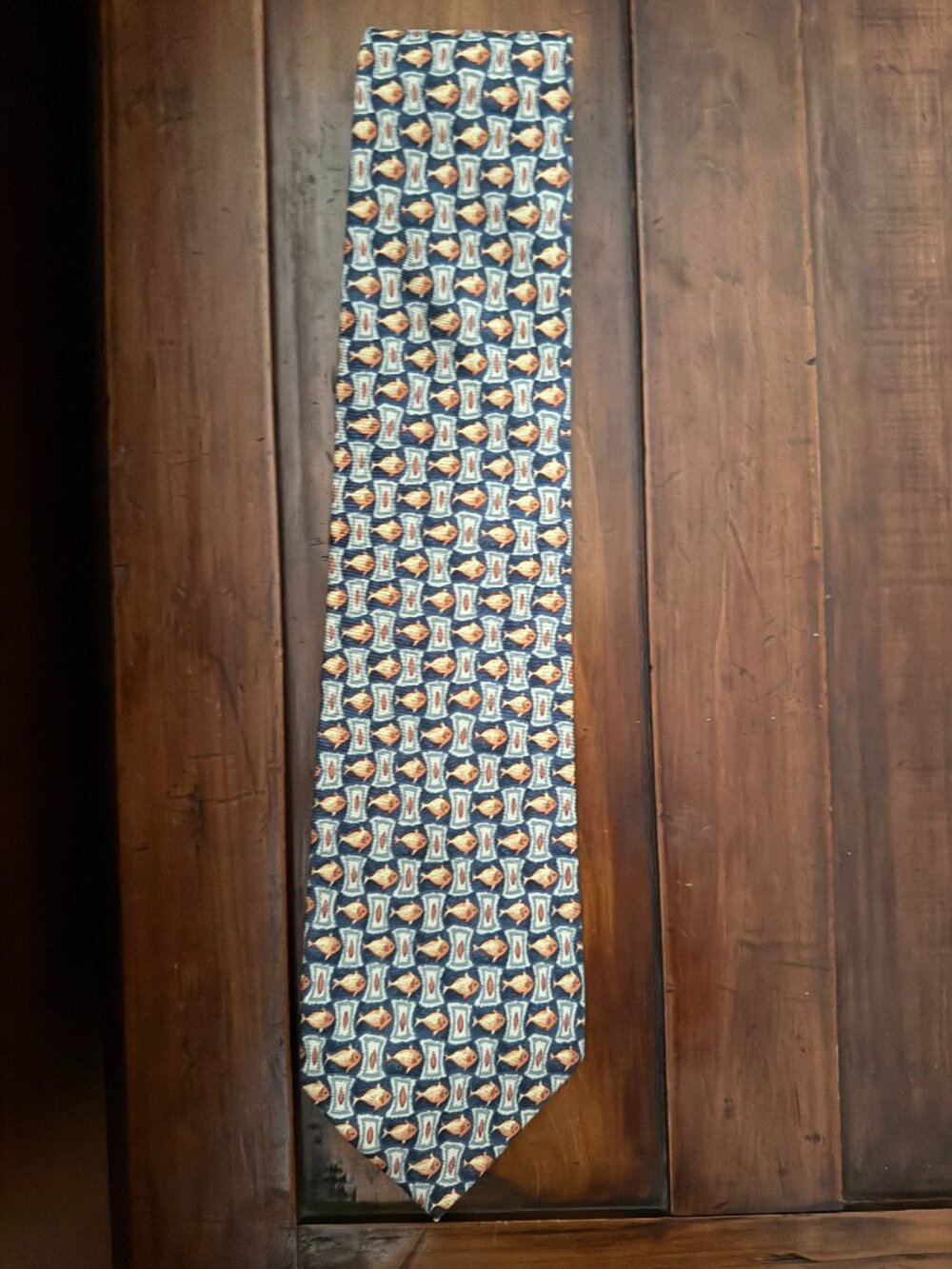 Banana Republic Navy Blue Tie with Orange and White Fish Pattern